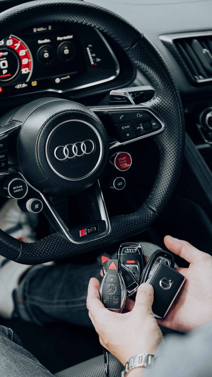 Detailed view of Audi car interior showcasing steering wheel and key fobs in hand for luxury vehicle lifestyle.